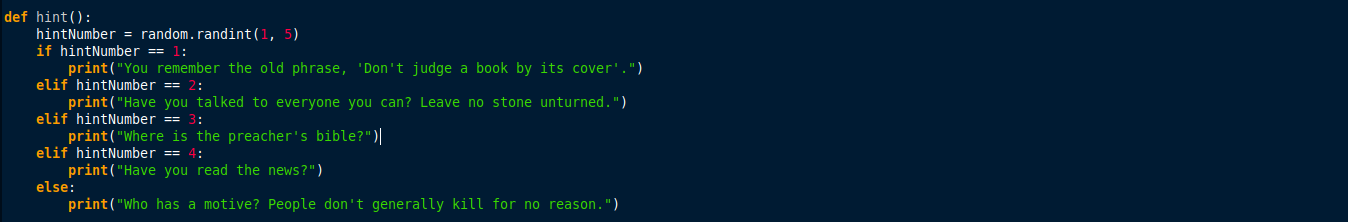 A text editor screenshot showing the hint function, which picks one of five hints from random. Hints include 'Don't judge a book by it's cover' and 'have you read the news?'