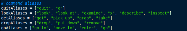 A text editor screenshot showing arrays storing synonms of verbs. For example, 'go' aliases are 'go', 'go to', 'move to', and 'enter'